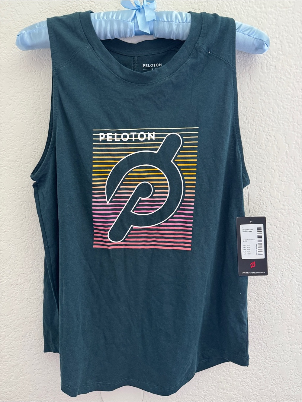 Peloton Teal Scoop Tank with Pink & Yellow Line Logo Accent